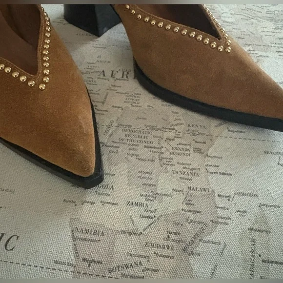 Jeffrey Campbell Free People Studded Suede Chunky Heels Size 9.5 Carmel/Gold - Picture 2 of 11